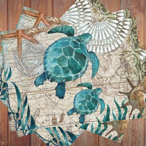 Beach Placemats 4pc Sea Turtle Table Decor Nautical Coastal Dining Decorations - Picture 3 of 13